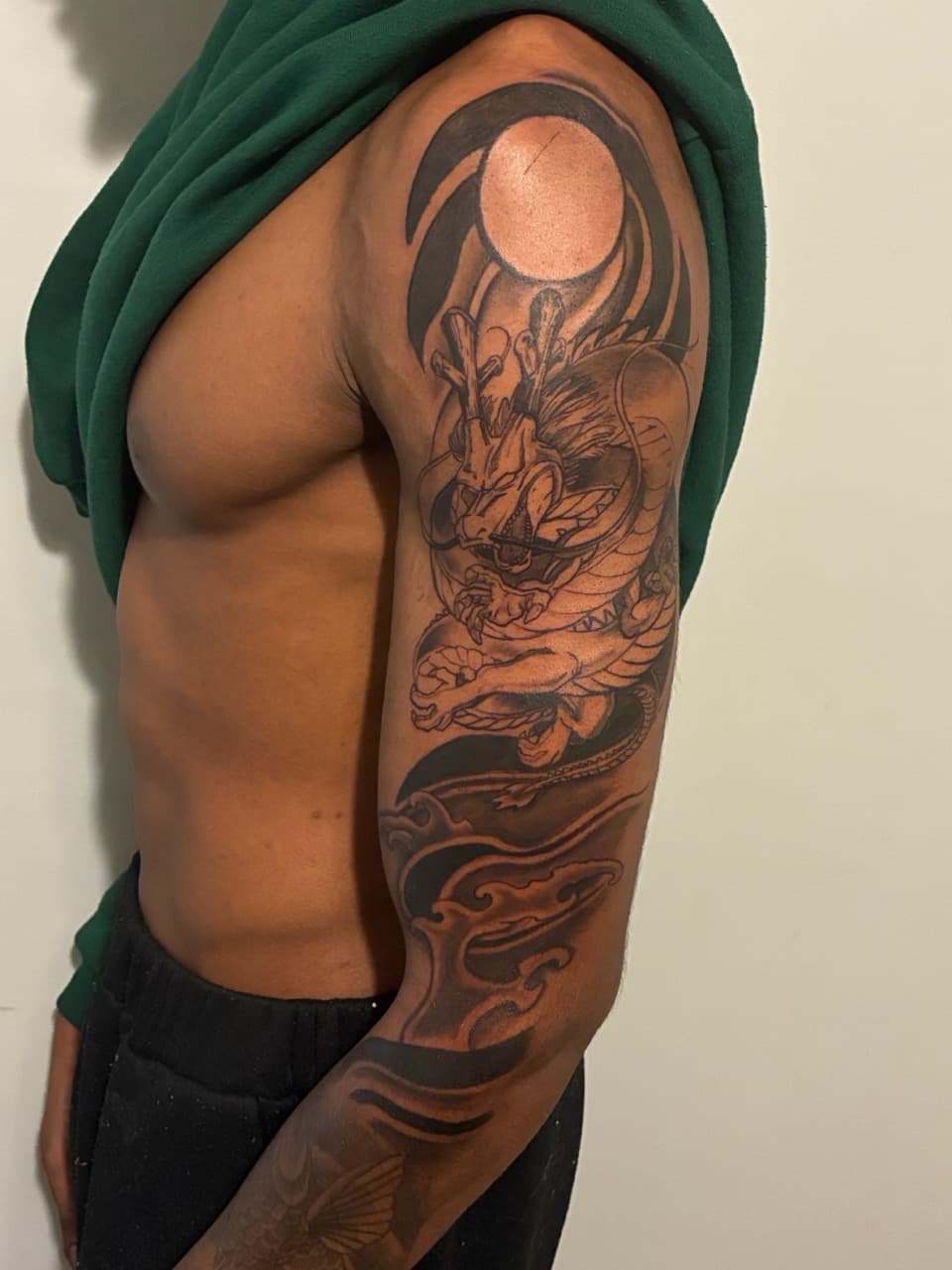 Japanese + Black & Grey dragon tattoo on Half Sleeve by ArtIsTatts on TattMe