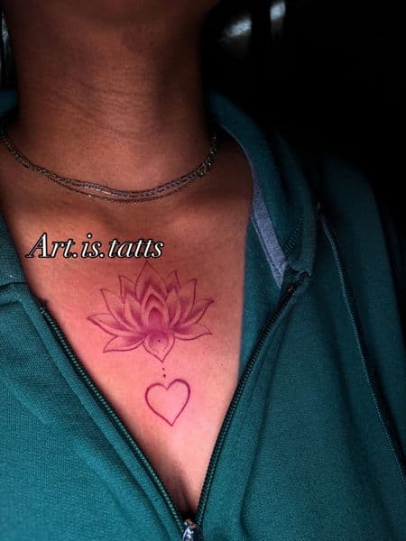 Fine Line + Color lotus tattoo on Sternum by ArtIsTatts on TattMe