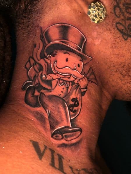 Black & Grey + Pop Culture monopoly man tattoo on Neck (Side) by ArtIsTatts on TattMe
