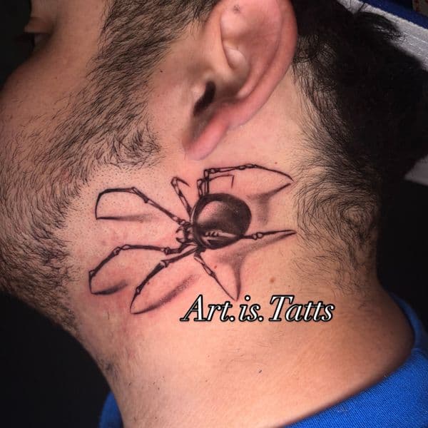 Black & Grey + Realism spider tattoo on Neck (Side) by ArtIsTatts on TattMe