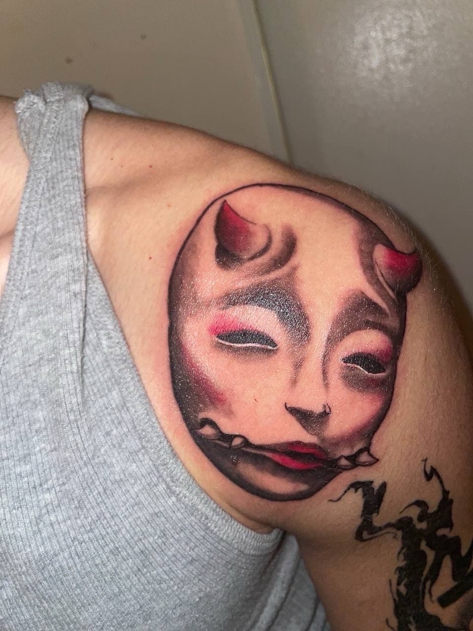 Illustrative + Color mask tattoo on Shoulder by ArtIsTatts on TattMe