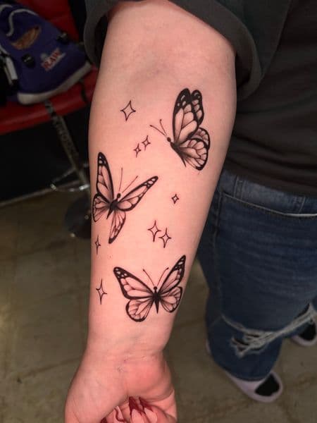 Fine Line + Black & Grey butterflies tattoo on Forearm by ArtIsTatts on TattMe