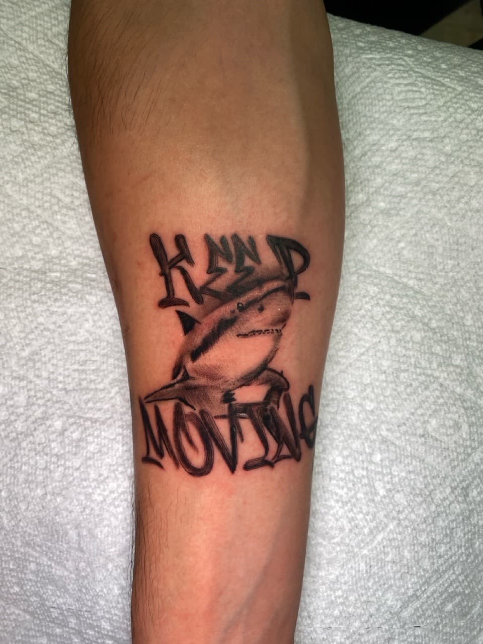 Black & Grey + Lettering shark tattoo on Forearm by ArtIsTatts on TattMe
