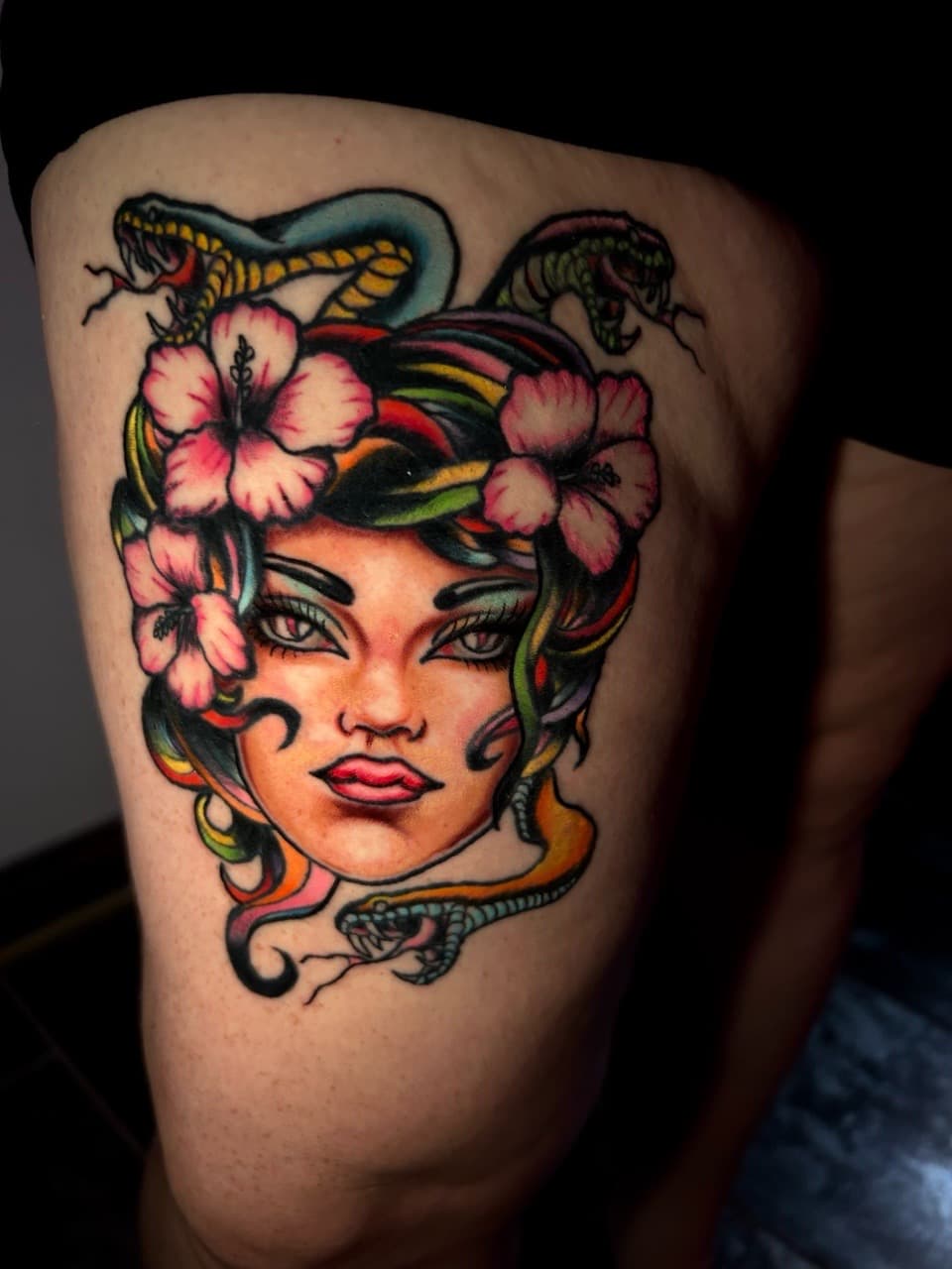 Neo-Traditional + Color medusa tattoo on Thigh by Adawgsart on TattMe