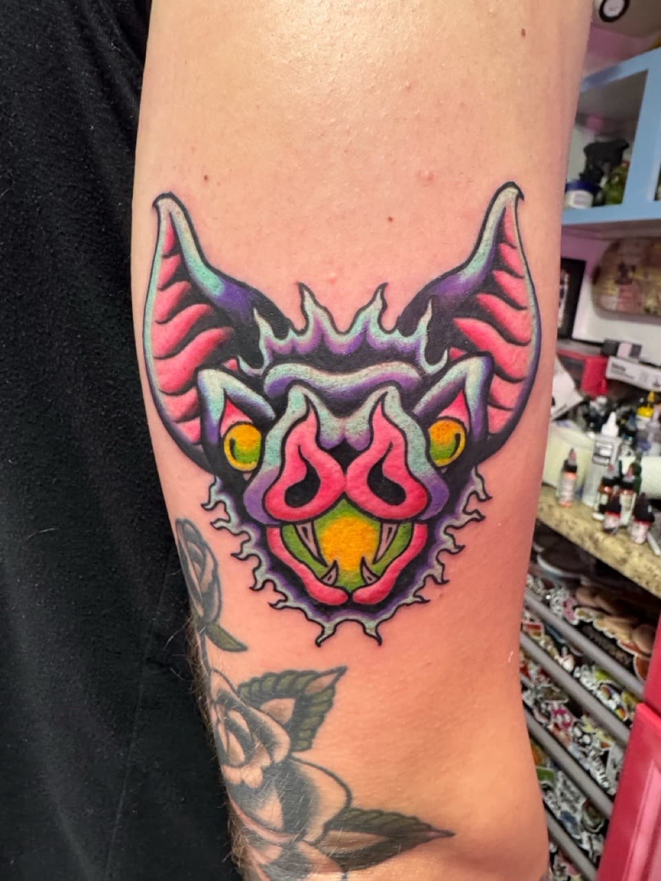 New School + Color bat tattoo on Upper Arm by Adawgsart on TattMe