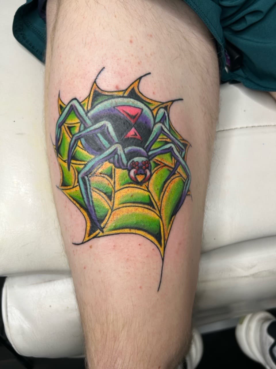 Traditional + Color spider tattoo on Calf by Adawgsart on TattMe