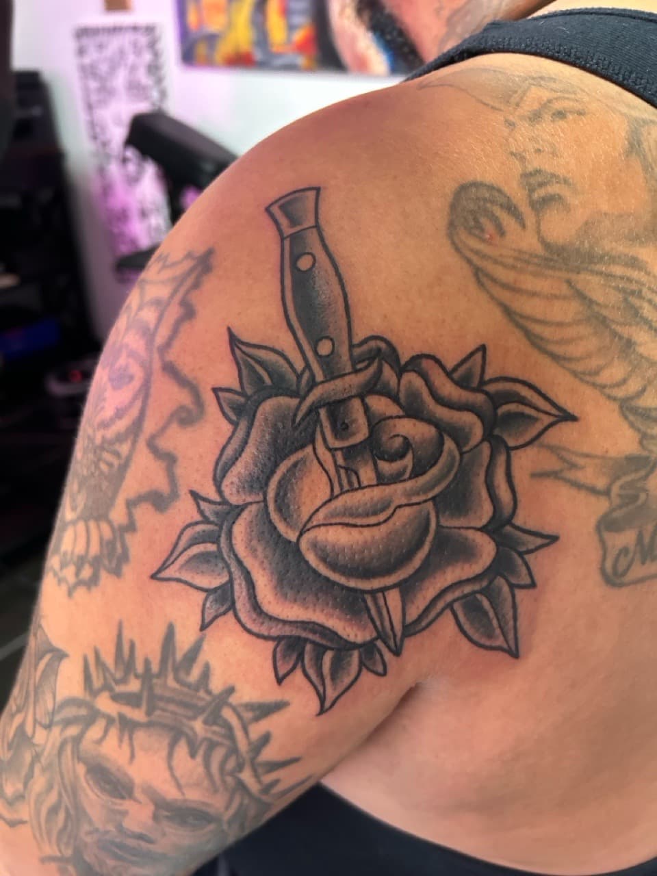 Traditional + American Traditional rose tattoo on Shoulder by Adawgsart on TattMe