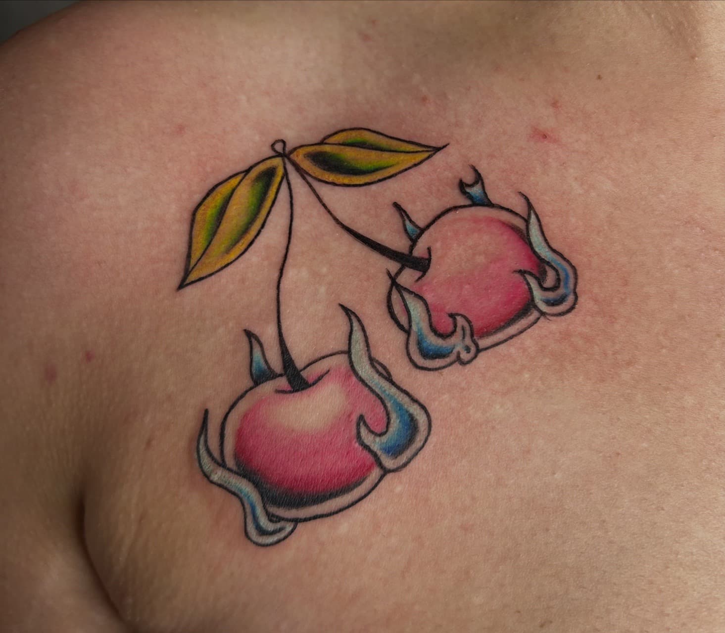 Traditional + Color cherries tattoo on Chest by Adawgsart on TattMe