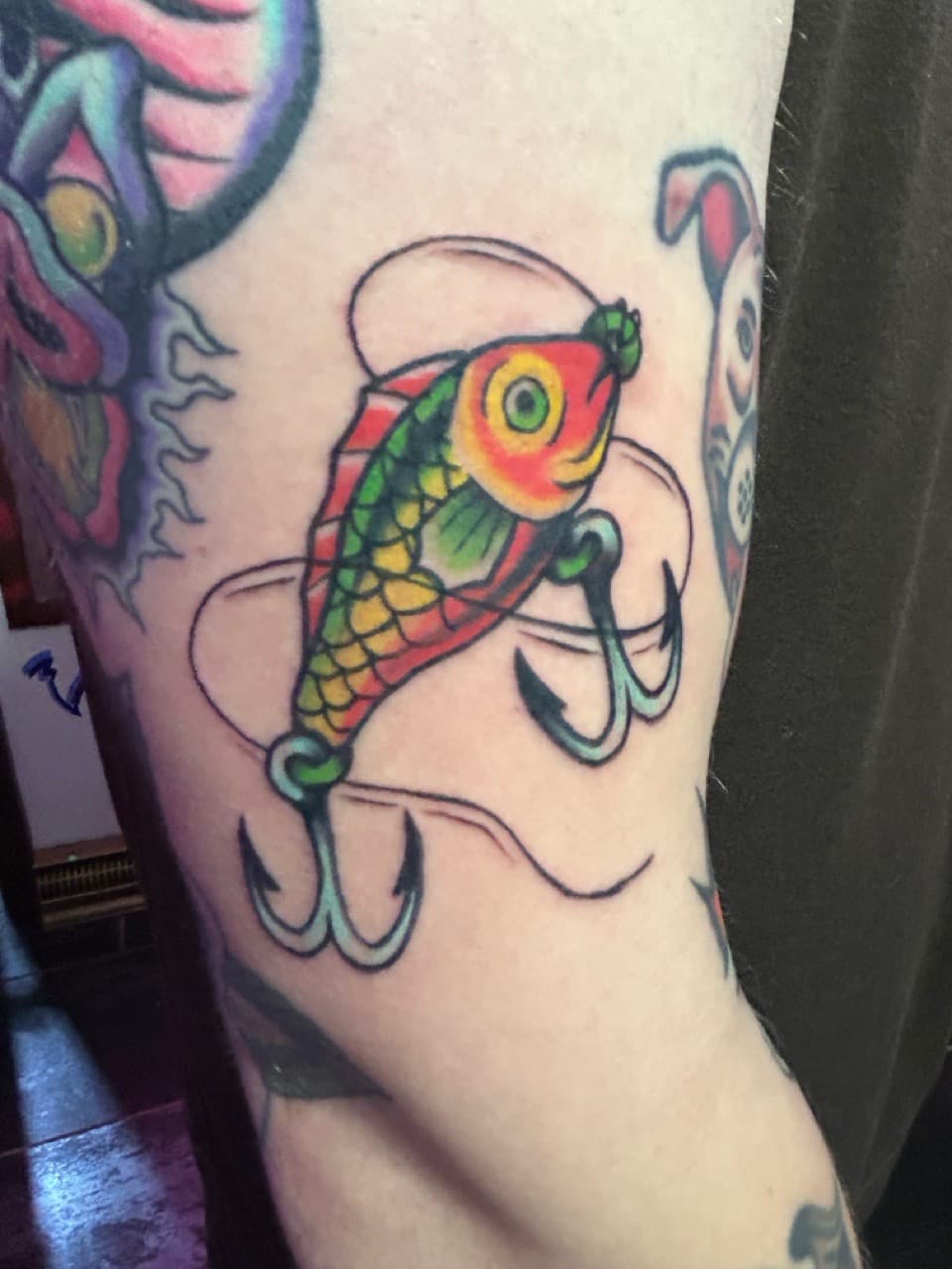 Traditional + Color fishing lure tattoo on Upper Arm by Adawgsart on TattMe