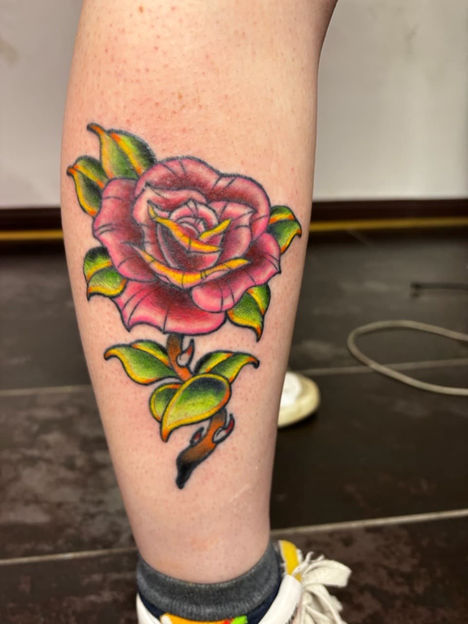 Traditional + American Traditional rose tattoo on Calf by Adawgsart on TattMe