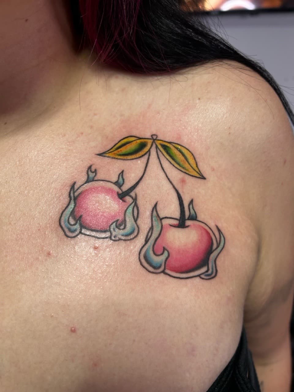 Traditional + Color cherries tattoo on Chest by Adawgsart on TattMe