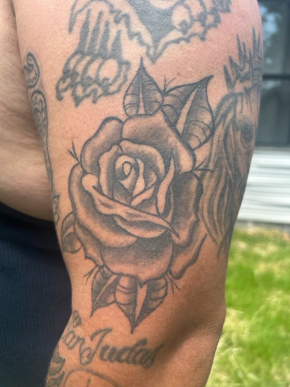 Black & Grey + Floral rose tattoo on Upper Arm by Adawgsart on TattMe