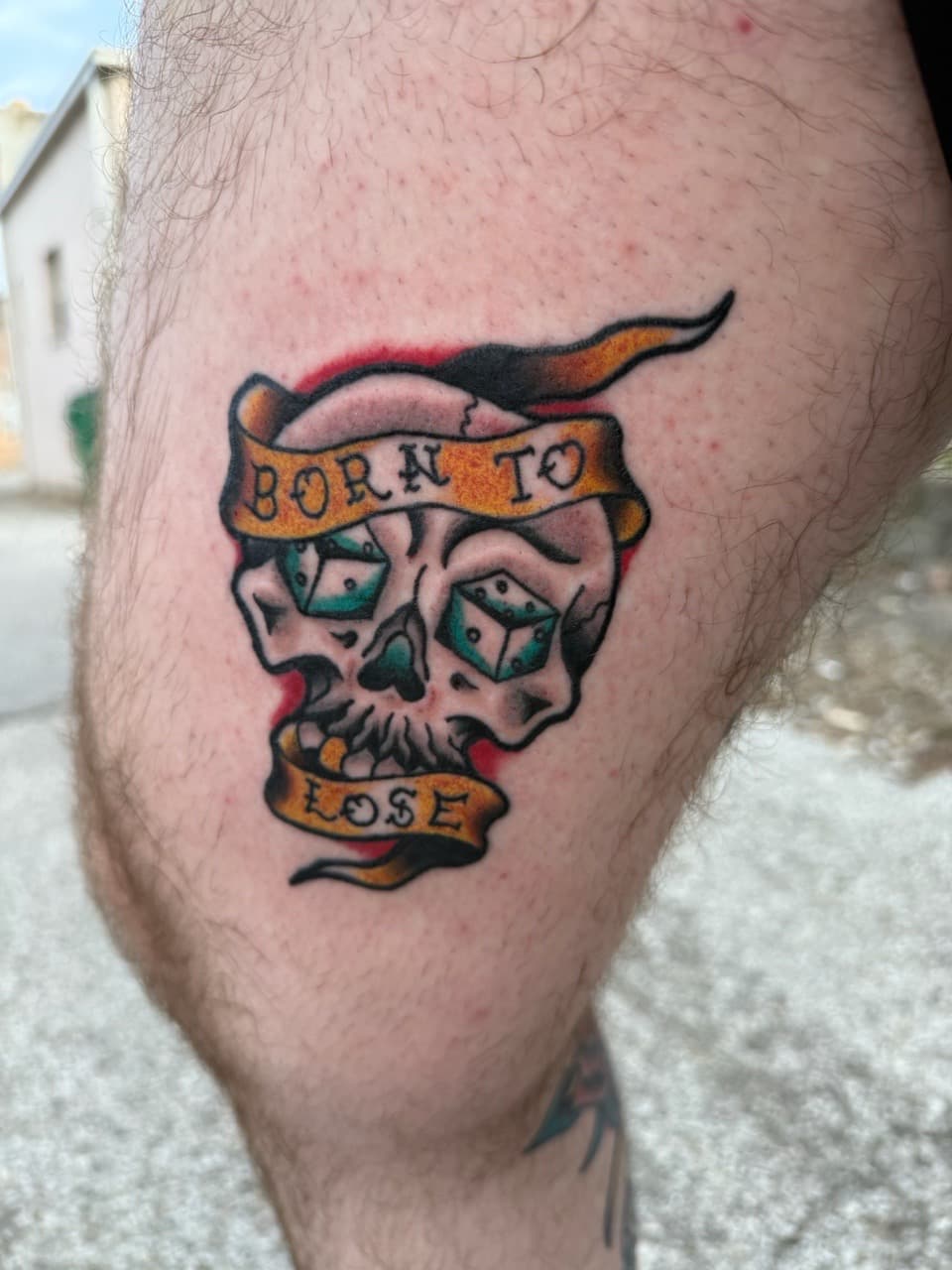 Traditional + American Traditional skull tattoo on Calf by Adawgsart on TattMe
