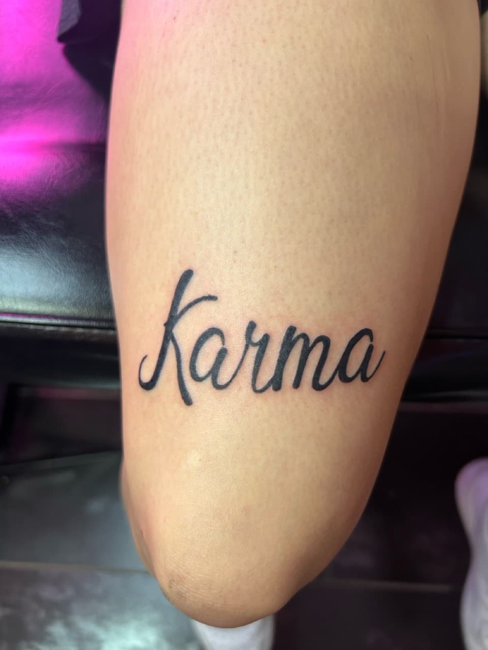 Lettering + Script karma tattoo on Thigh by Adawgsart on TattMe