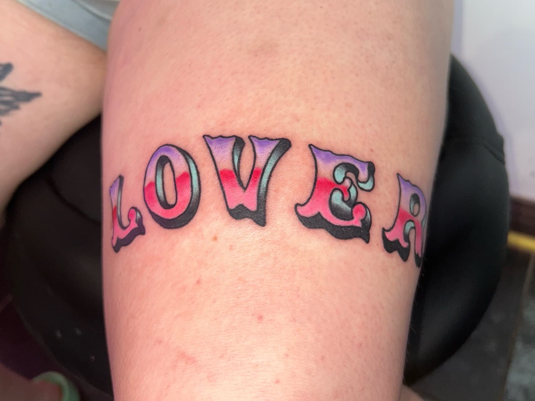 Lettering + Color lover tattoo on Thigh by Adawgsart on TattMe