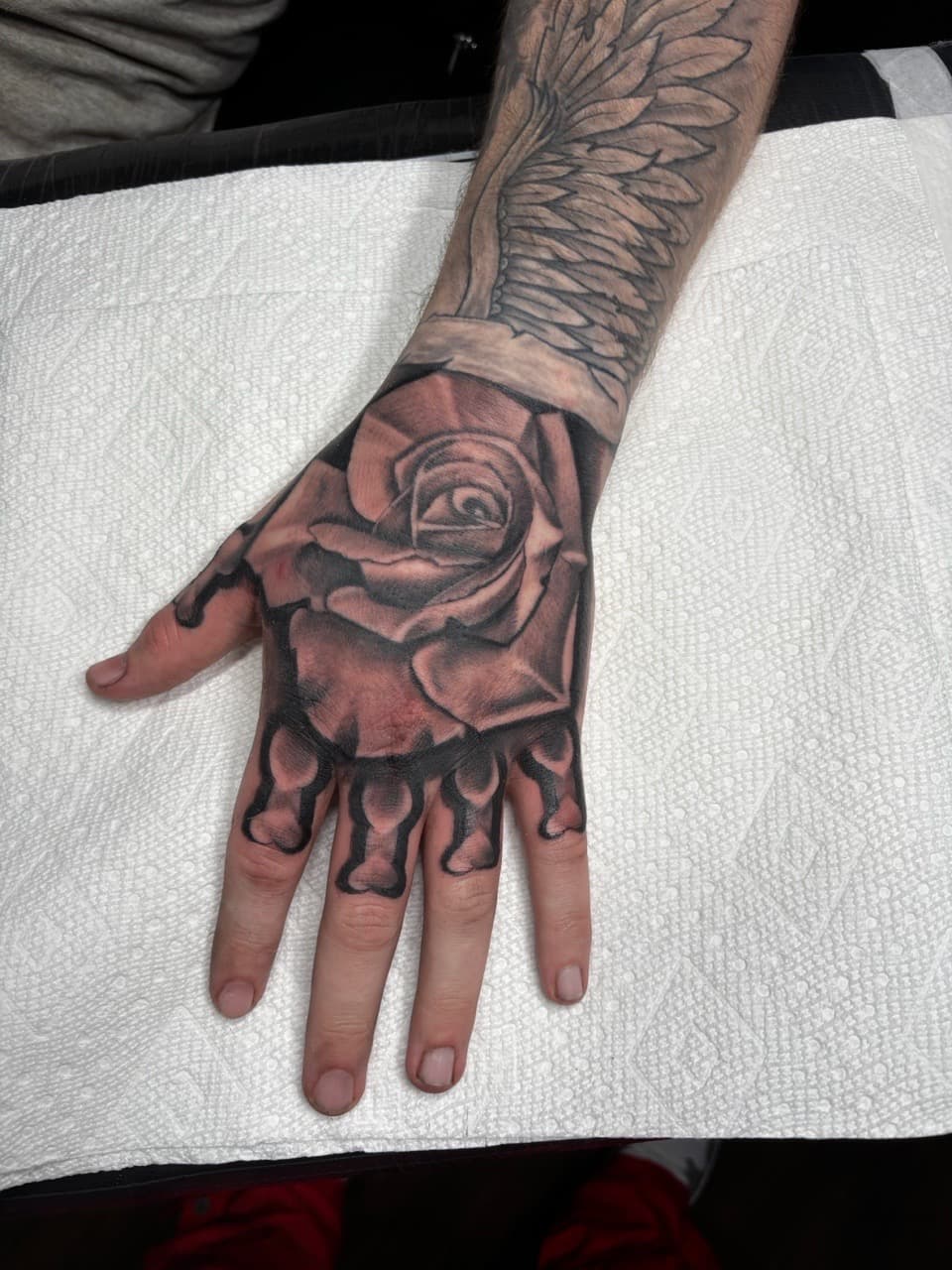 Black & Grey + Floral rose tattoo on Hand by Ink_Mob_Studios on TattMe