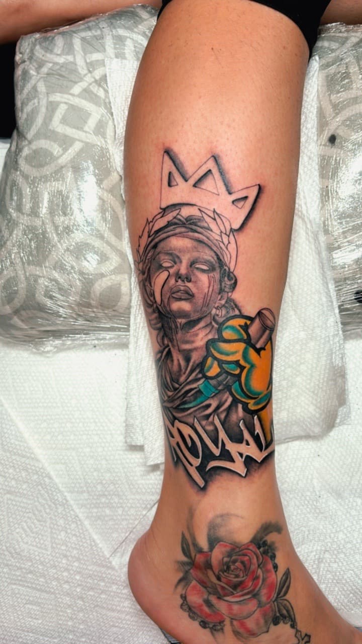 Black & Grey + Graffiti statue tattoo on Calf by Ink_Mob_Studios on TattMe