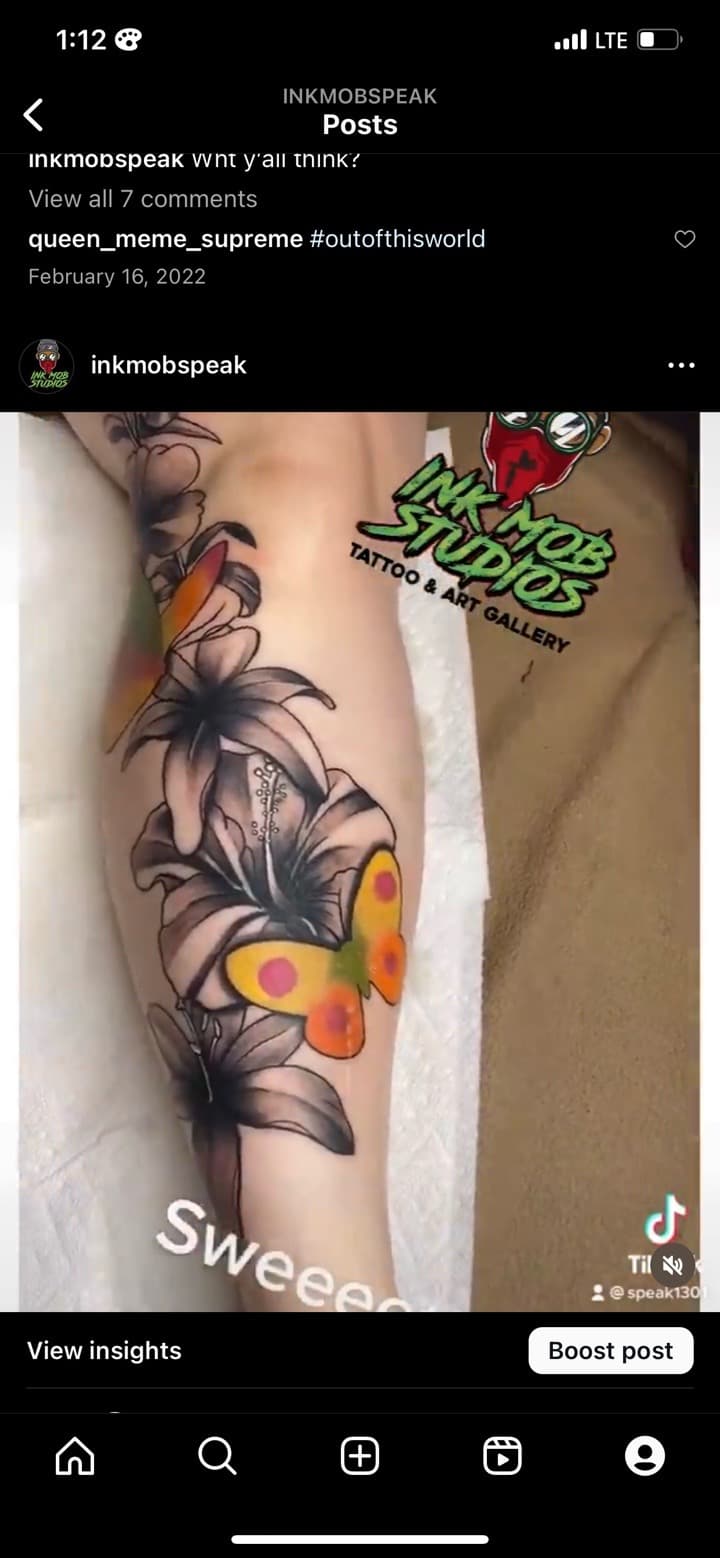 Floral + Black-work flowers tattoo on Shin by Ink_Mob_Studios on TattMe