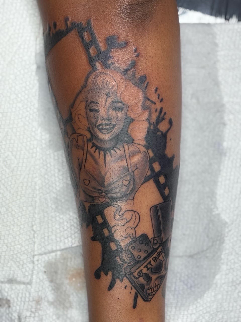 Black & Grey + Illustrative marilyn monroe tattoo on Calf by Ink_Mob_Studios on TattMe