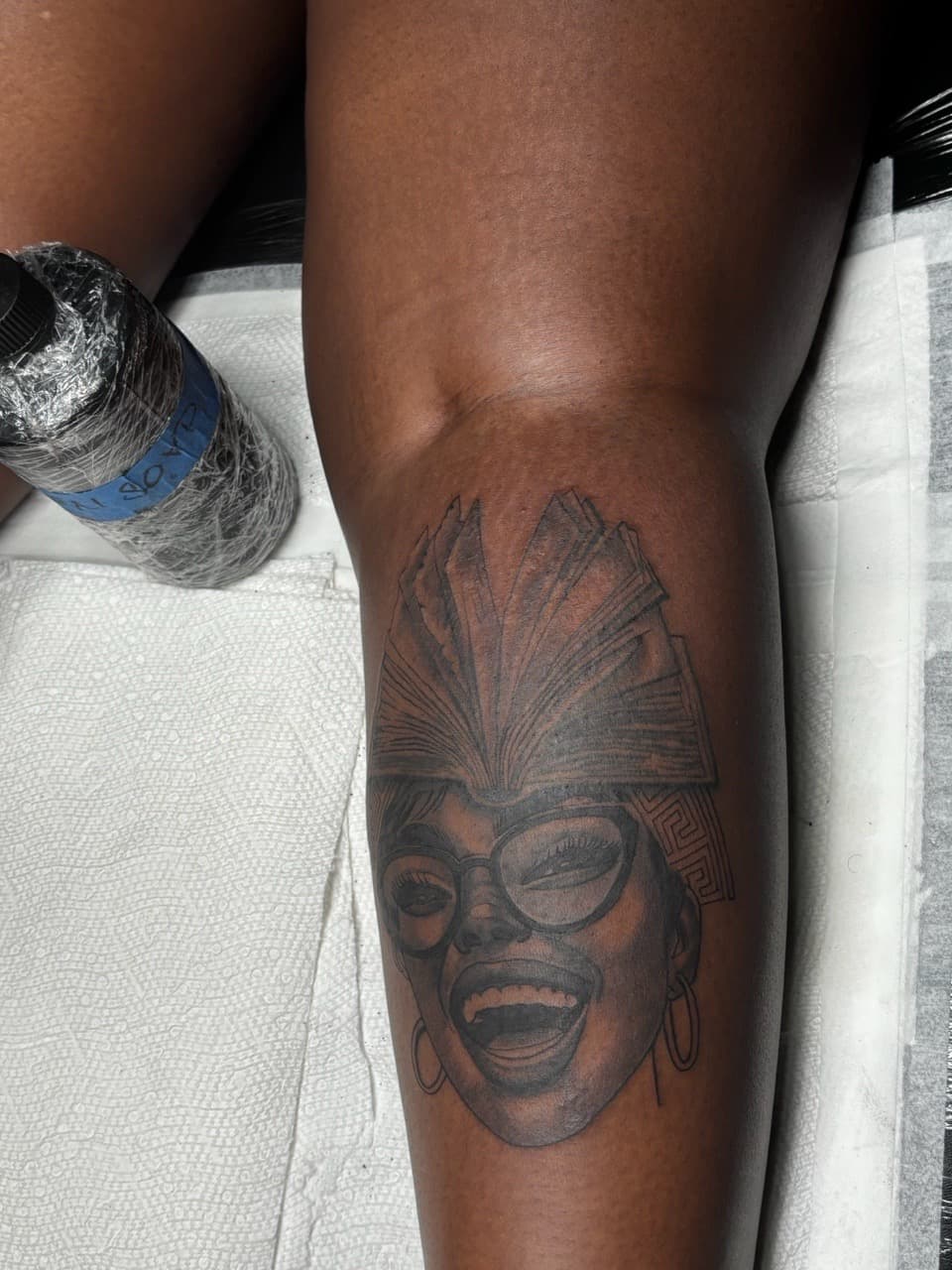 Black & Grey + Illustrative woman tattoo on Calf by Ink_Mob_Studios on TattMe