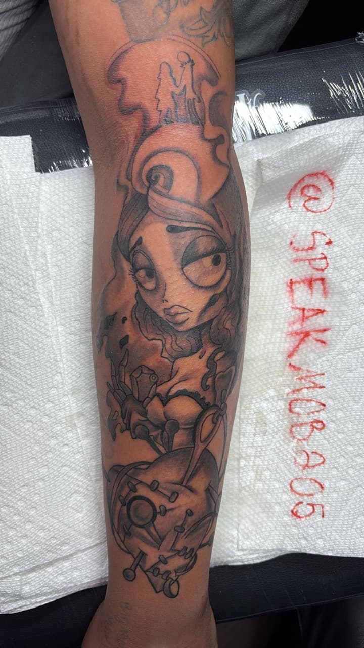 Black & Grey + Illustrative corpse bride tattoo on Forearm by Ink_Mob_Studios on TattMe