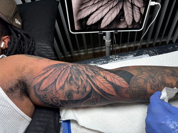 Black & Grey woman tattoo on Full Sleeve by Ink_Mob_Studios on TattMe