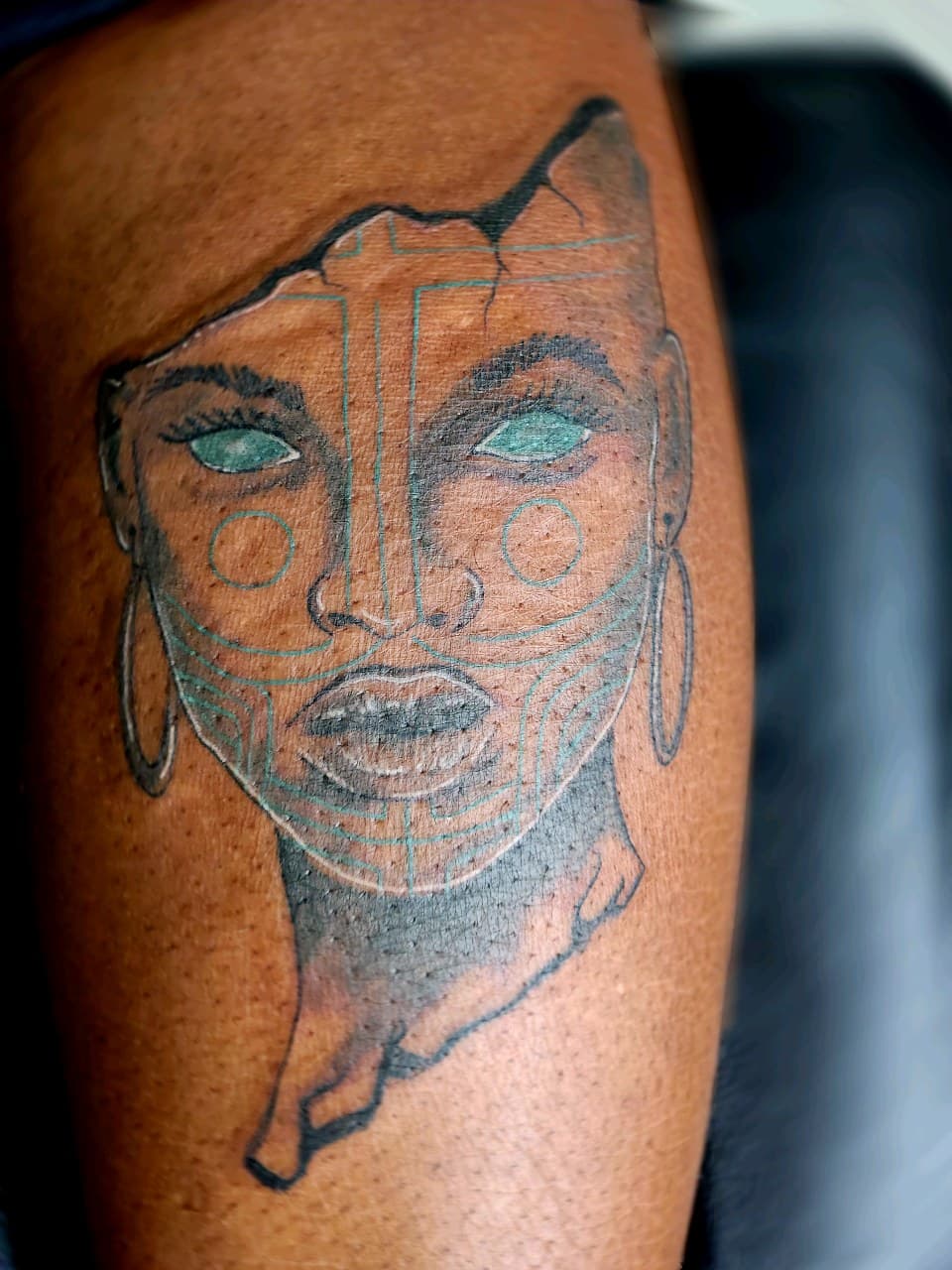 Illustrative + Fine Line female face tattoo on Calf by Inkytat2z on TattMe
