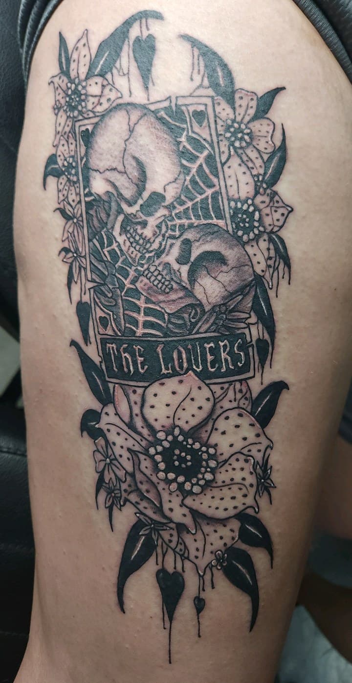 Black & Grey + Illustrative skulls tattoo on Thigh by Inkytat2z on TattMe