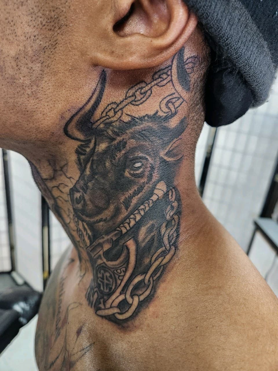 Black & Grey + Illustrative bull tattoo on Neck (Side) by Inkytat2z on TattMe