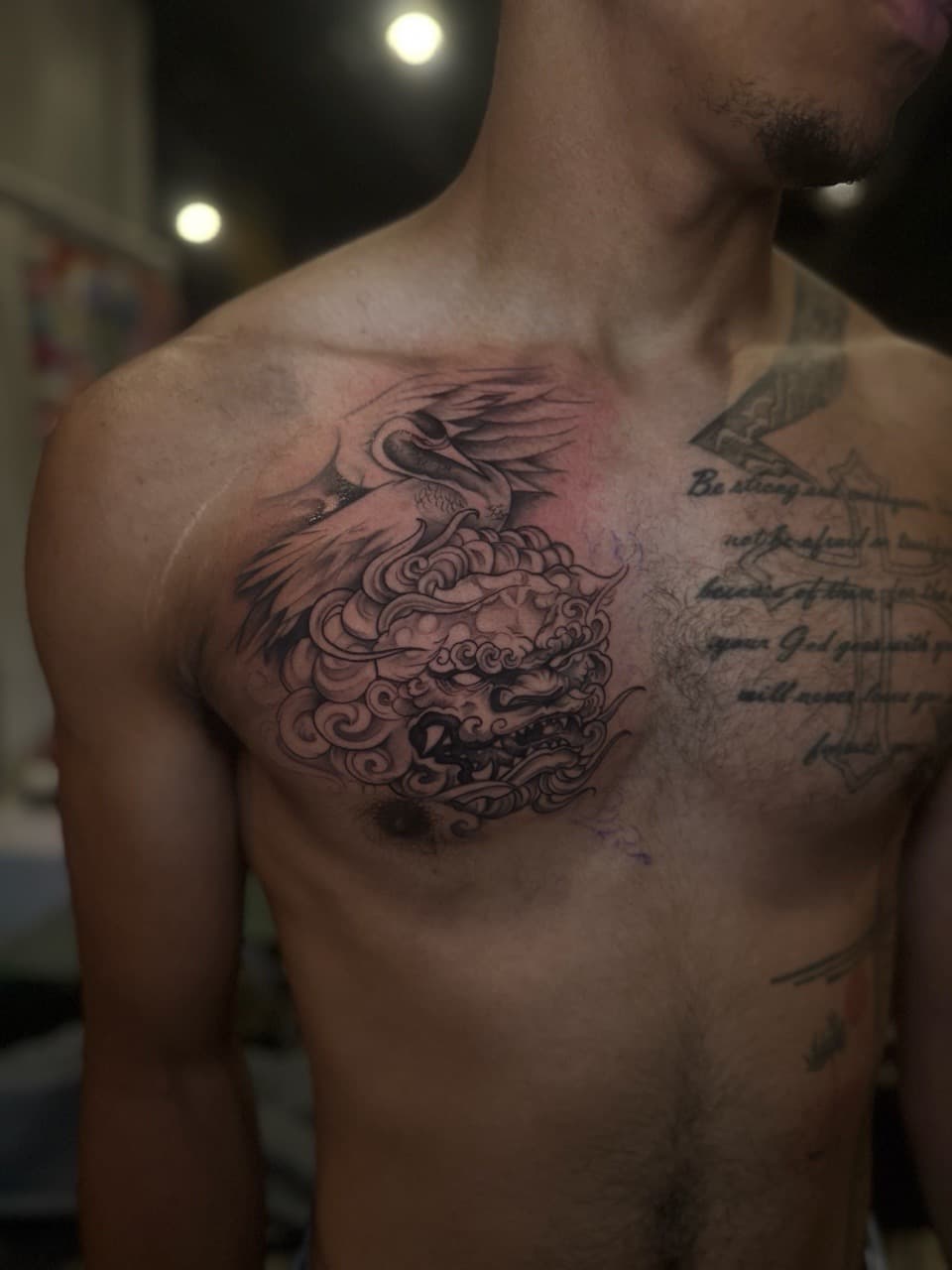 Japanese + Black & Grey foo dog tattoo on Chest by SkaijRose on TattMe