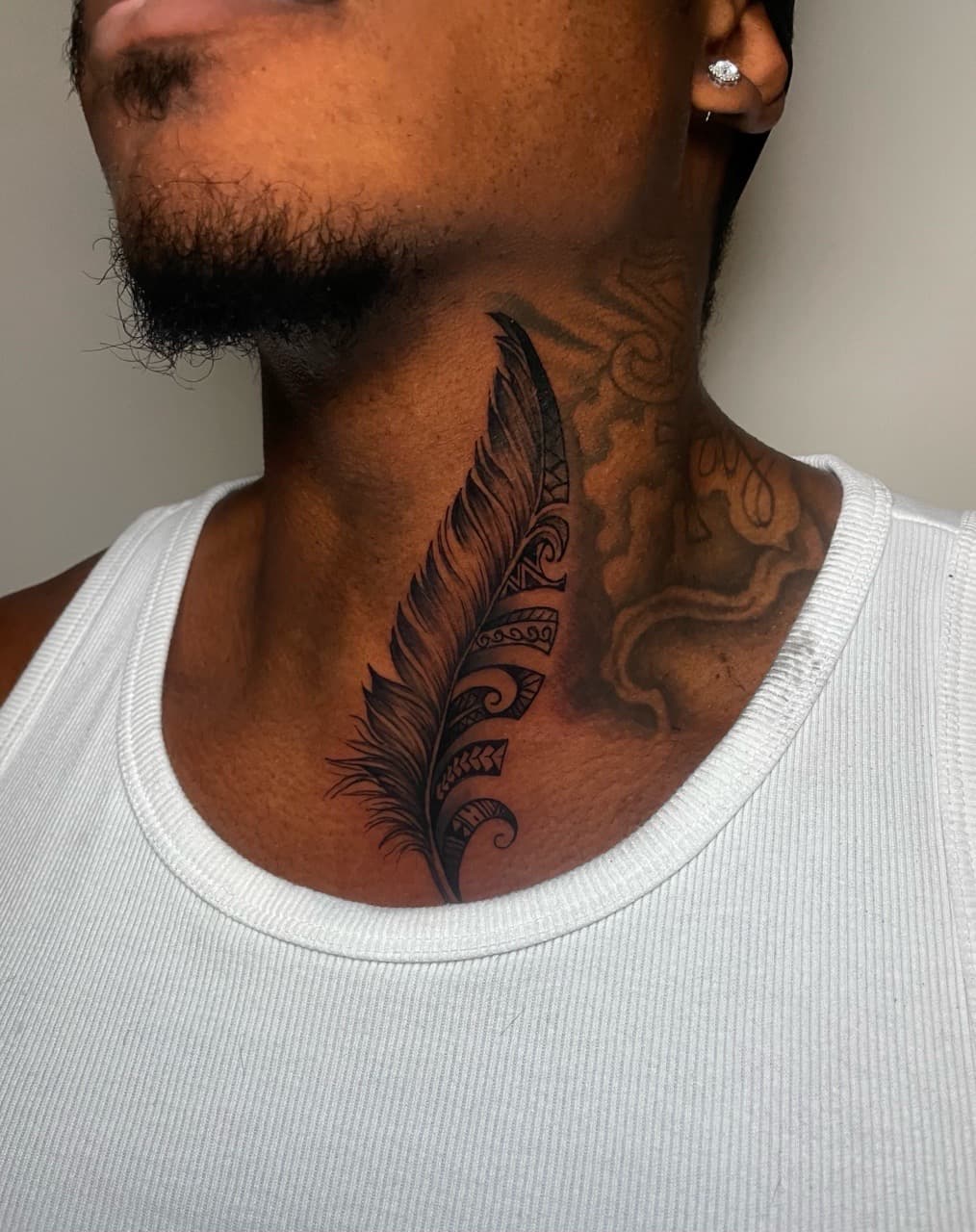 Black-work + Tribal feather tattoo on Neck (Front) by SkaijRose on TattMe