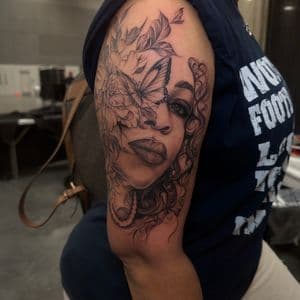 Black & Grey + Fine Line woman tattoo on Half Sleeve by SkaijRose on TattMe