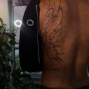 Fine Line + Black-work wing tattoo on Upper Back by SkaijRose on TattMe