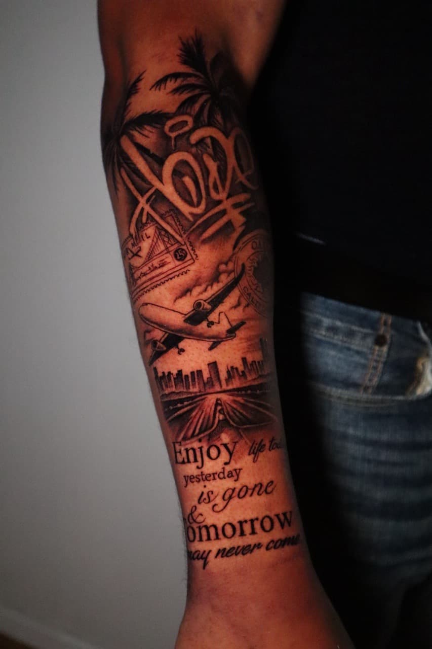 Black & Grey + Illustrative skyline tattoo on Forearm by SkaijRose on TattMe