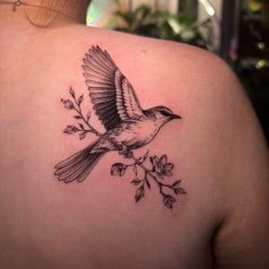 Fine Line + Black & Grey bird tattoo on Shoulder Blade by SkaijRose on TattMe