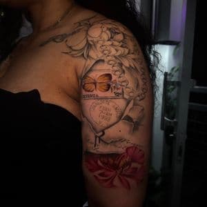 Black & Grey + Color butterfly tattoo on Upper Arm by SkaijRose on TattMe