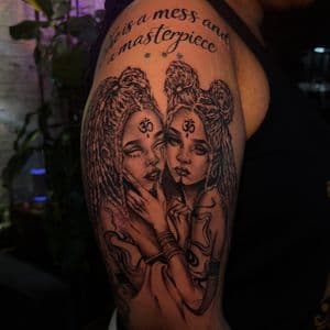 Black & Grey + Fine Line women tattoo on Upper Arm by SkaijRose on TattMe