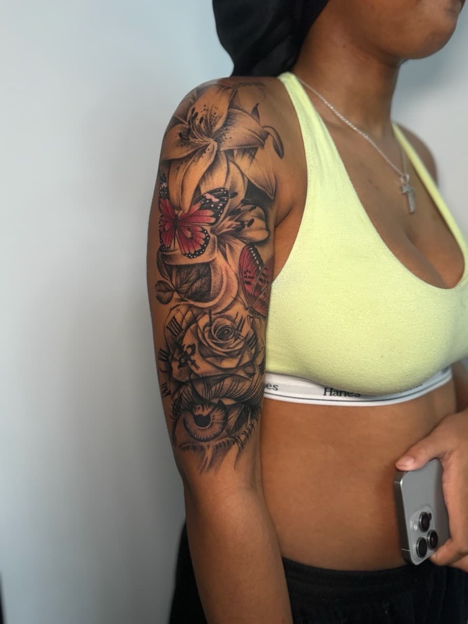 Black & Grey + Floral lilies tattoo on Half Sleeve by SkaijRose on TattMe