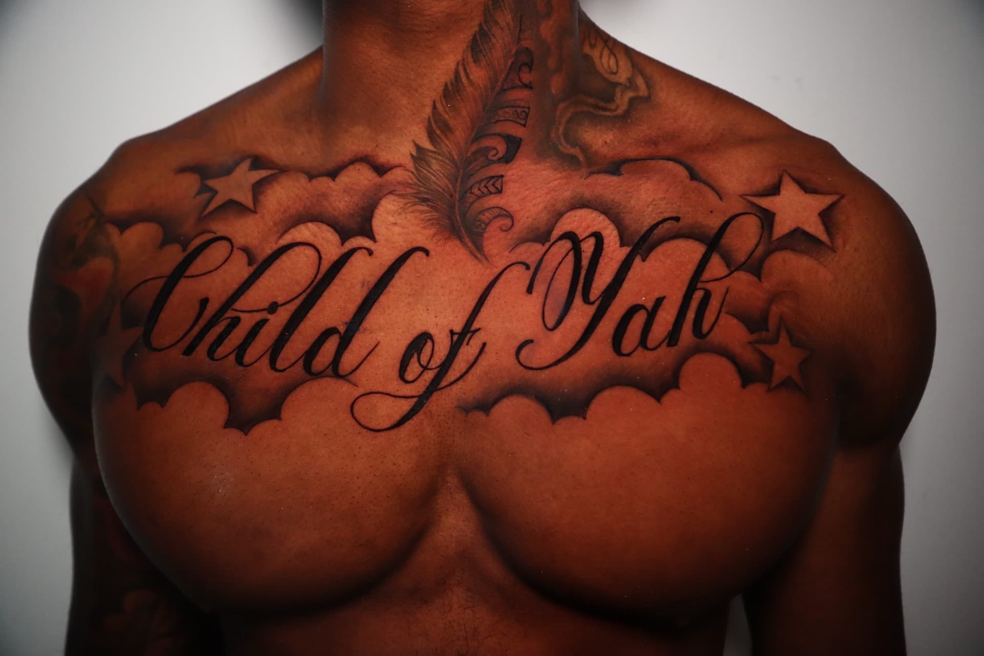 Lettering + Black & Grey clouds tattoo on Chest by SkaijRose on TattMe
