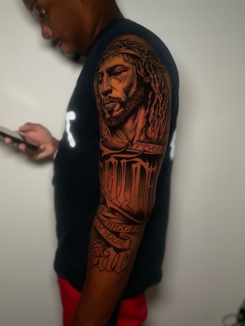 Black & Grey + Realism man tattoo on Upper Arm by SkaijRose on TattMe