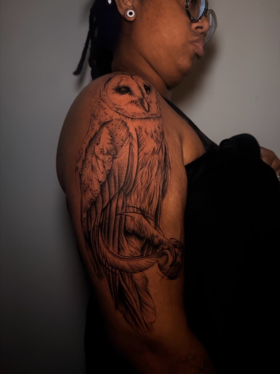 Fine Line + Black & Grey owl tattoo on Upper Arm by SkaijRose on TattMe