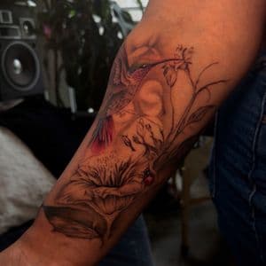 Black & Grey + Floral hummingbird tattoo on Forearm by SkaijRose on TattMe