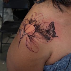 Black & Grey + Fine Line butterfly tattoo on Upper Arm by SkaijRose on TattMe