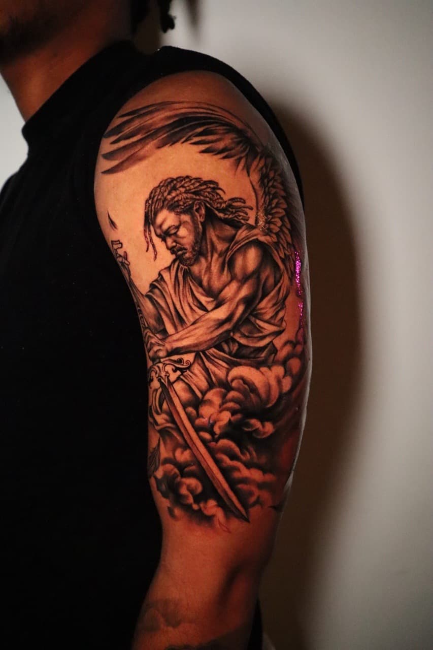 Black & Grey + Realism angel tattoo on Upper Arm by SkaijRose on TattMe