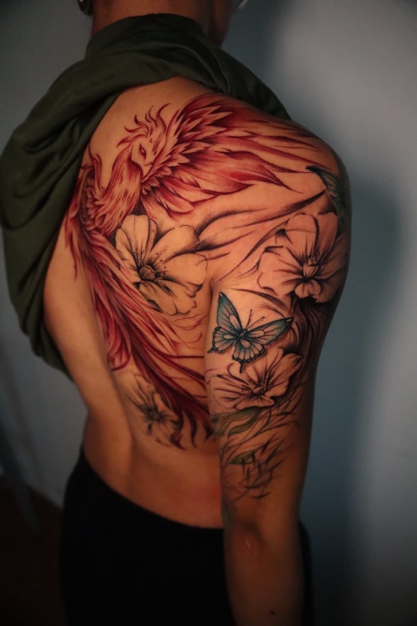Illustrative + Color phoenix tattoo on Half Sleeve by SkaijRose on TattMe