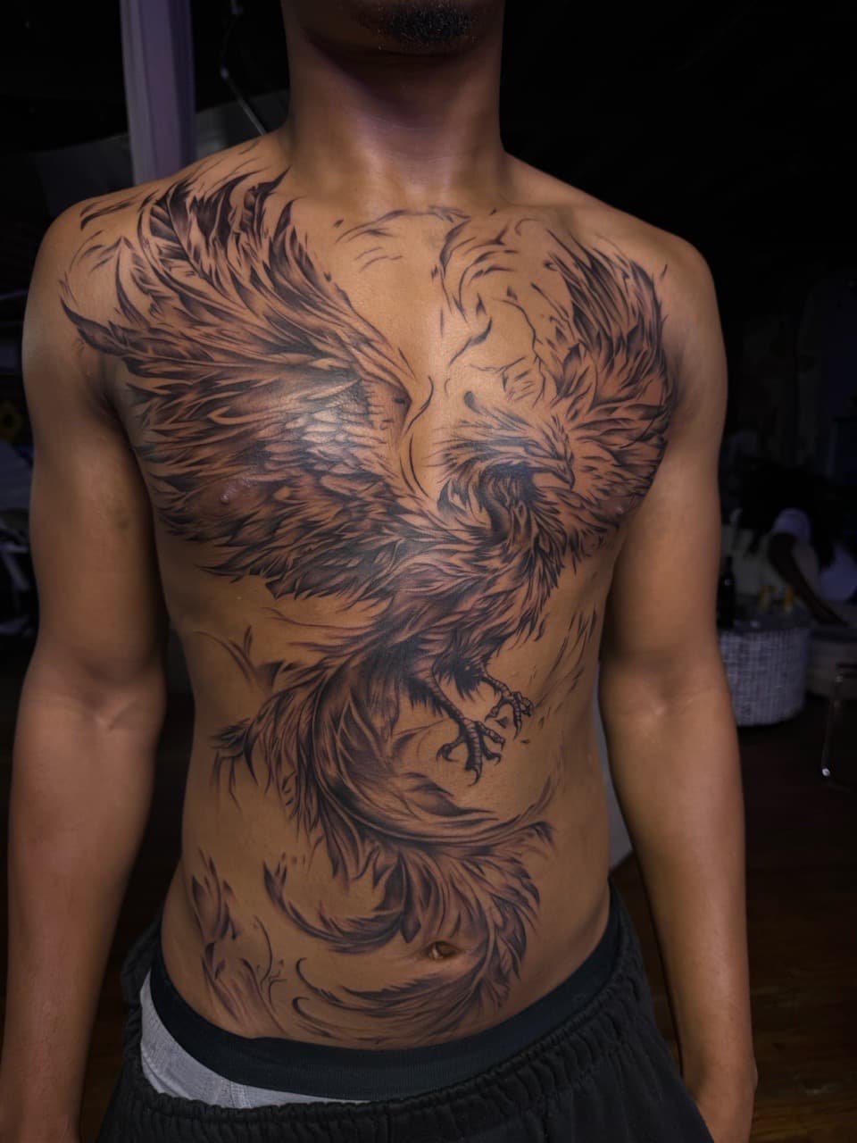 Black & Grey + Illustrative phoenix tattoo on Chest by SkaijRose on TattMe