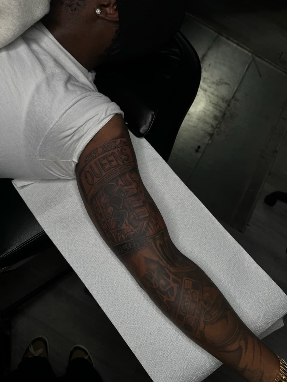 Black & Grey + Lettering cityscape tattoo on Half Sleeve by SkaijRose on TattMe