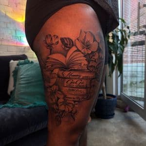 Black & Grey + Floral flowers tattoo on Thigh by SkaijRose on TattMe