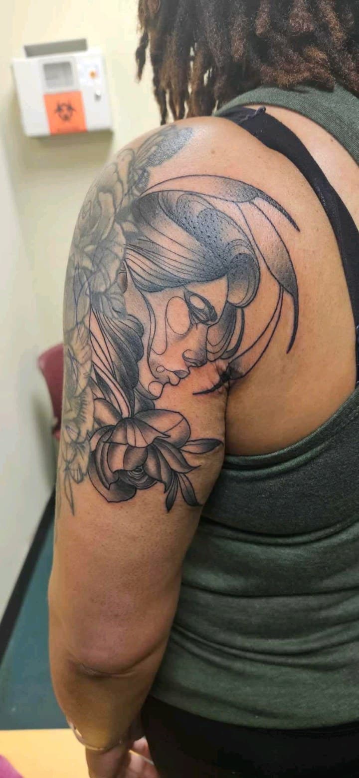 Black & Grey + Illustrative woman tattoo on Upper Arm by 2nd_Circle_Tattoo_Co on TattMe