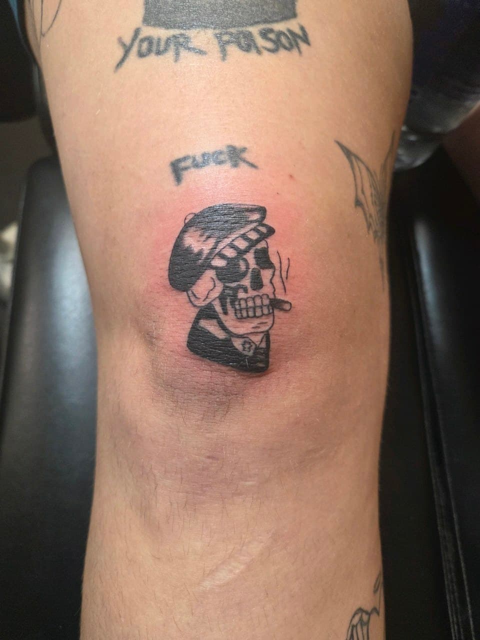 Traditional + American Traditional skull tattoo on Knee by 2nd_Circle_Tattoo_Co on TattMe